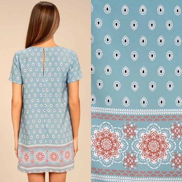 Lulus Secret Paradise Blue Print Shift Dress Size XS Bohemian Mini Festival Boho - Picture 2 of 15